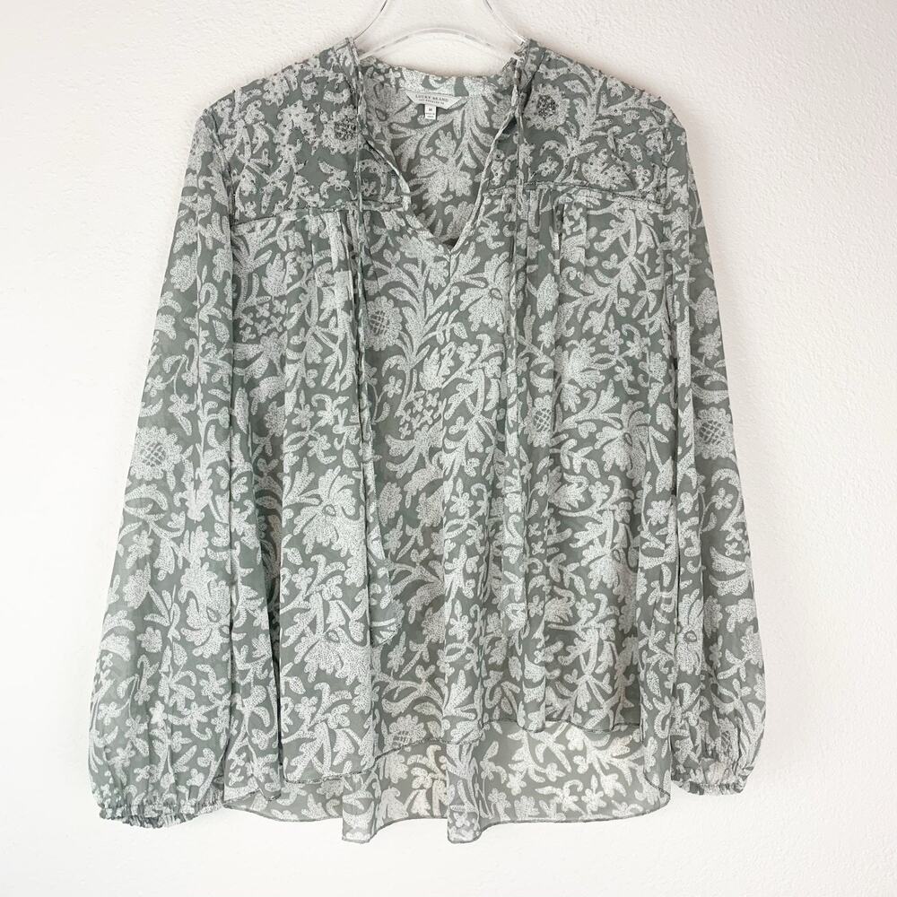 Lucky Brand Shirt Medium Beaded Boho Embroidered Gray Blouse Flowy Peasant‎